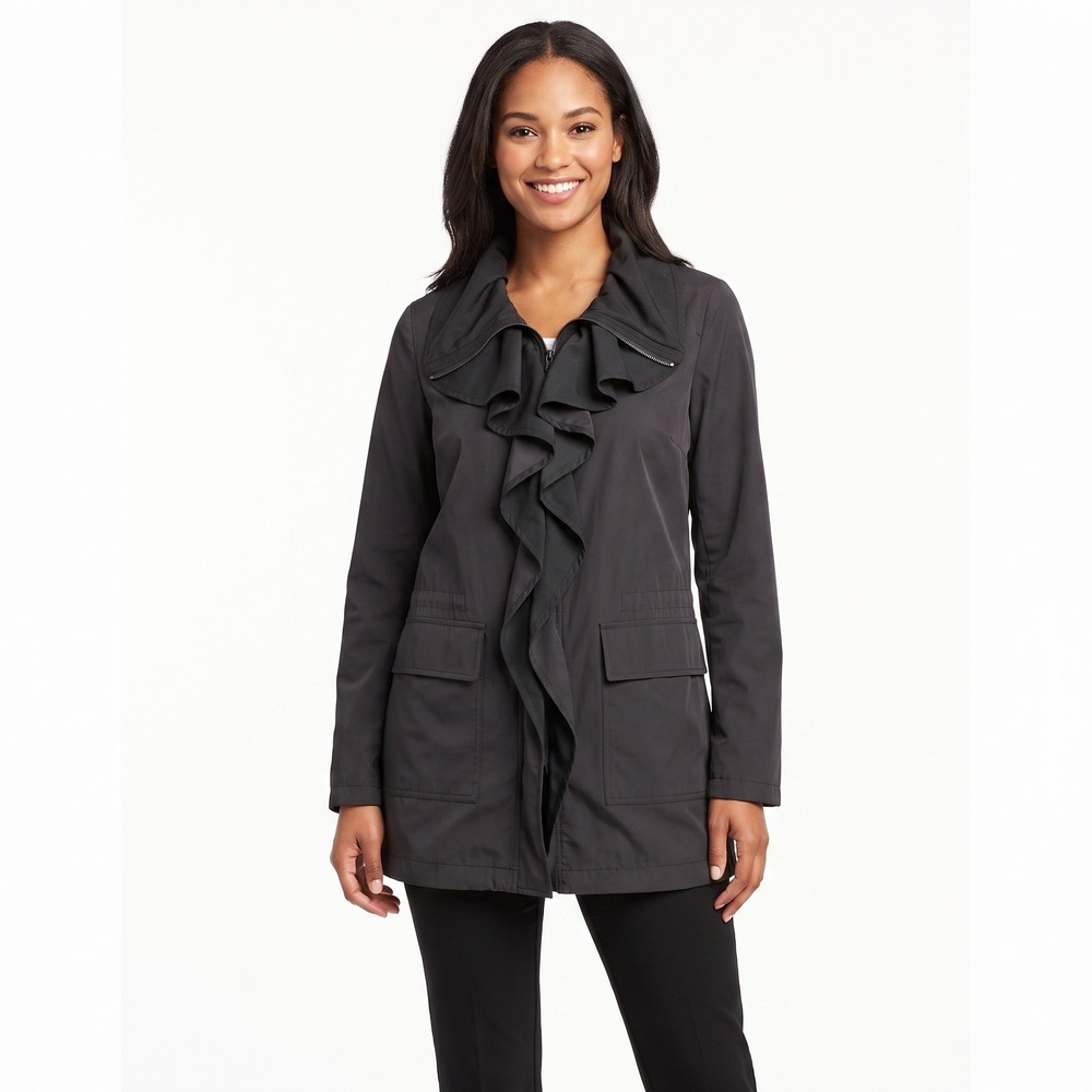 Ann Taylor Black Ruffle Front Zip Up Jacket XS Lightweight Transitional Coat